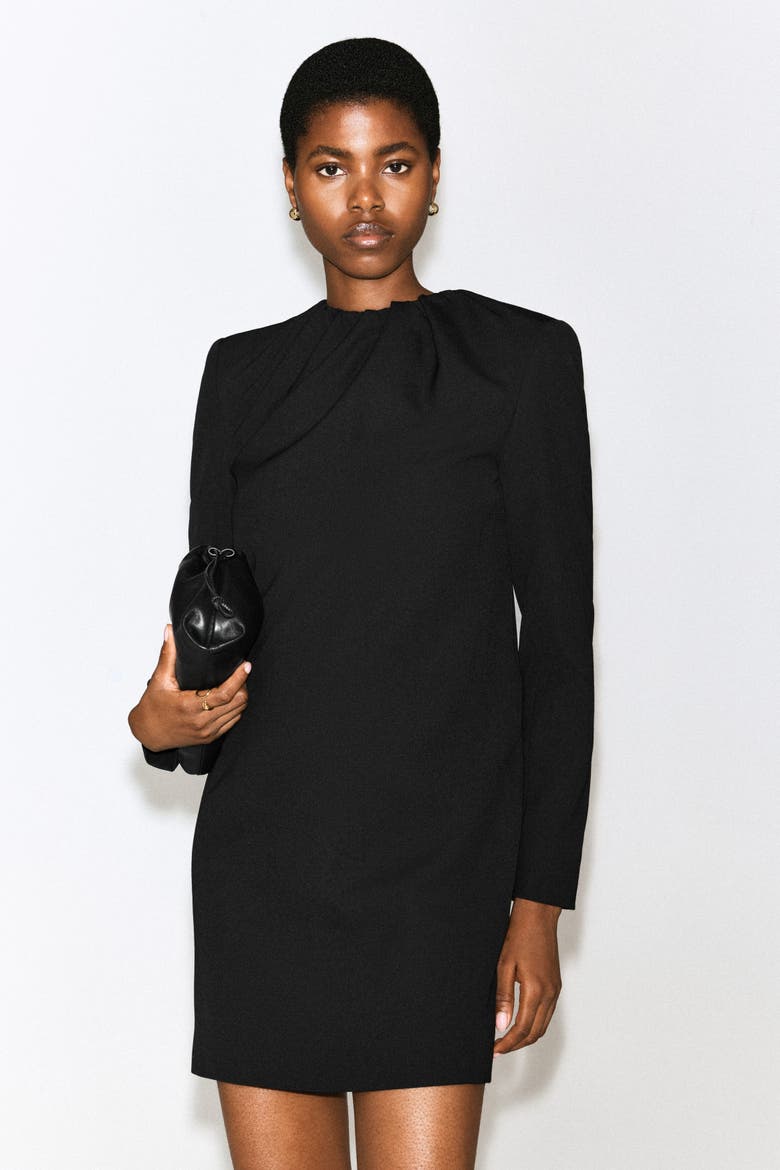 Pleated Tailored Twill Mini Dress, Alternate, color, BLACK
