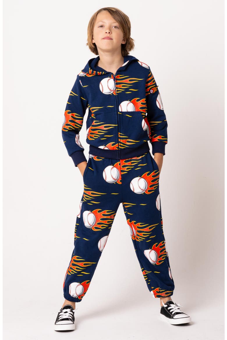 Kids' Flaming Baseball Print Fleece Sweatpants, Alternate, color, BLUE