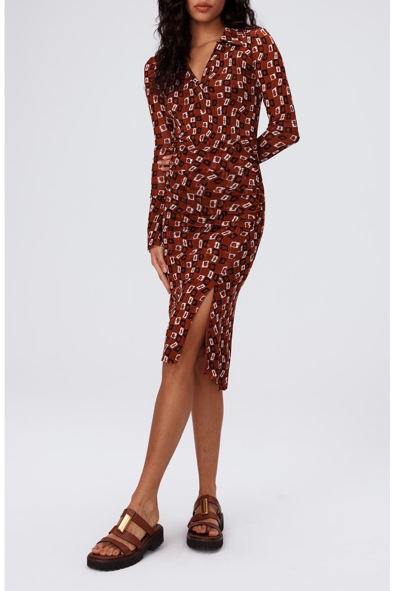 Lilly Geo Print Long Sleeve Mesh Dress, Alternate, color, CHAIN SPOTS BROWN SM