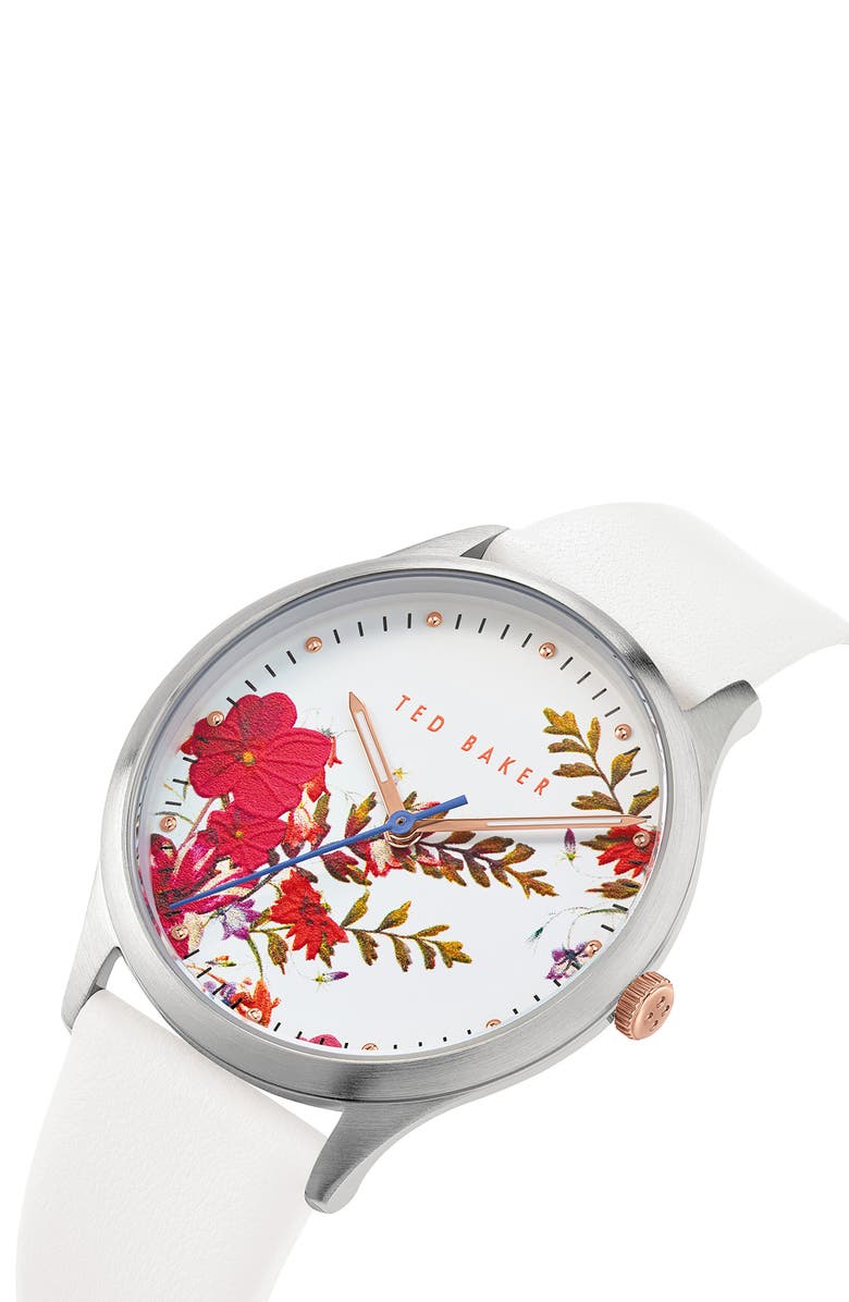 Ted Baker London Women's Belgravia Leather Strap Watch, 34mm, Alternate, color, Silver/Floral/White