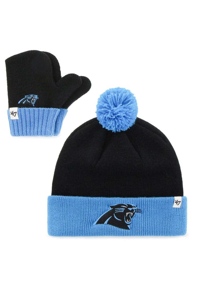 Infant '47 Black/Blue Carolina Panthers Bam Bam Cuffed Knit Hat with Pom and Mittens Set, Main, color, Black
