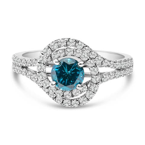 14K White Gold 1-1/3 Cttw White & Blue Diamond Cocktail Ring