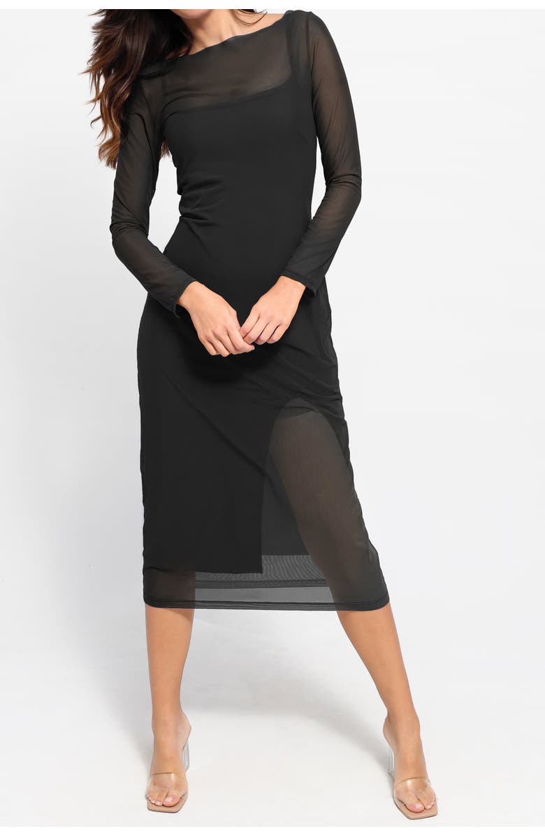 Popilush Shapewear Slimming Midi Work Dress and Sheer Mesh Overlay Set, Alternate, color, Solid Black