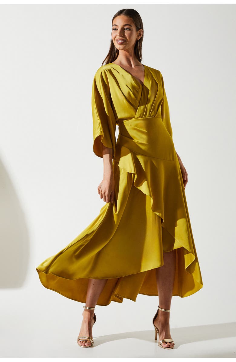 Coast Satin Crepe Ruffle Wrap Midi Dress, Main, color, Olive