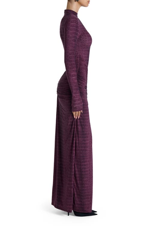 Naked Wardrobe Snakeskin Print Long Sleeve Ruched Dress In Burgundy