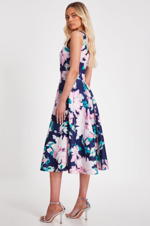 Quiz Floral Scuba Foam Square Neck Maxi Skater In Navy