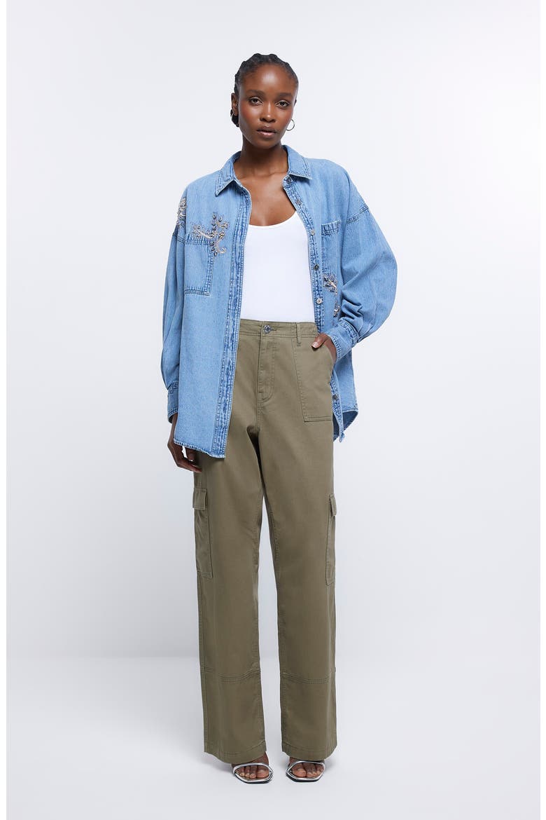 Embellished Denim Button-Up Shirt, Alternate, color, BLUE