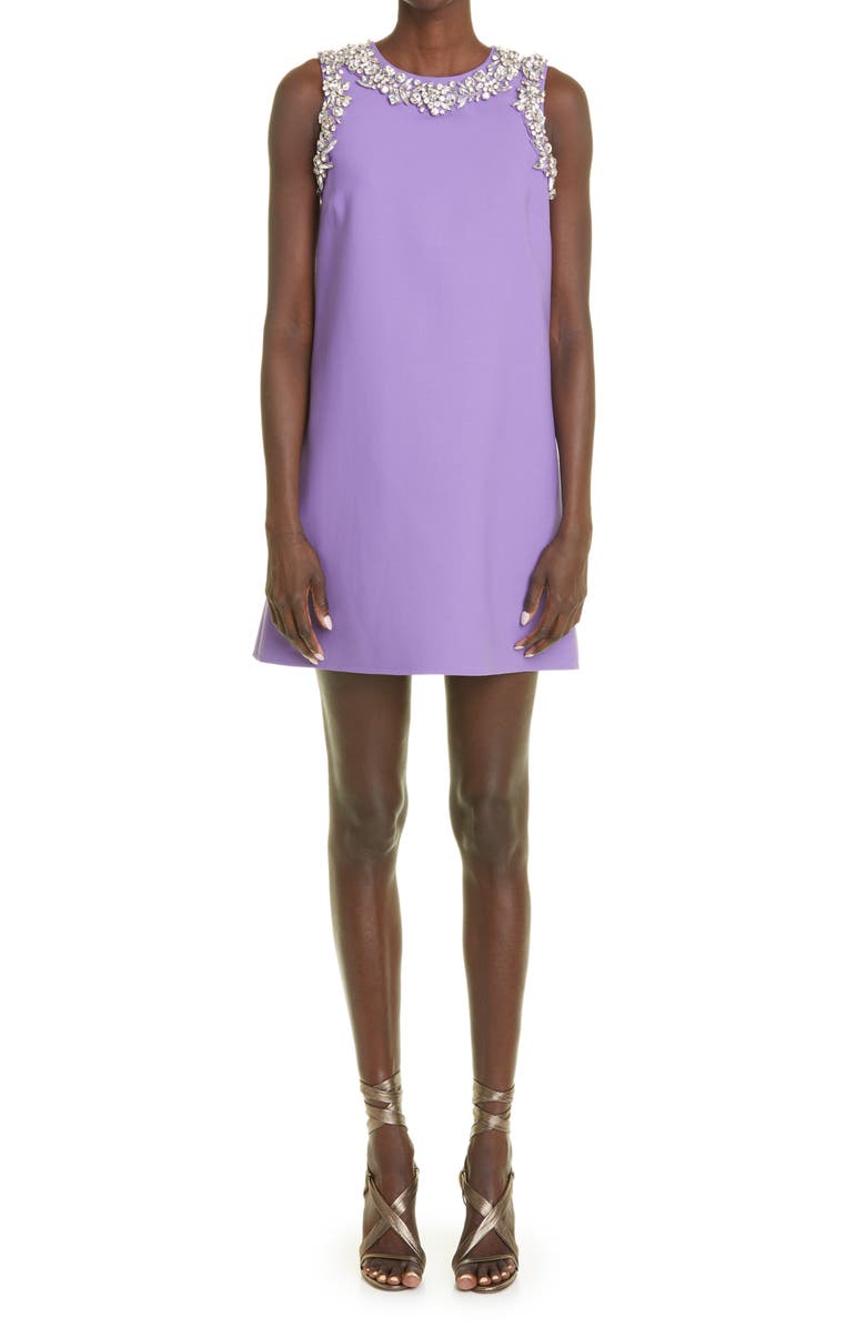 Oscar de la Renta Crystal Embellished Stretch Wool Blend Minidress, Main, color,