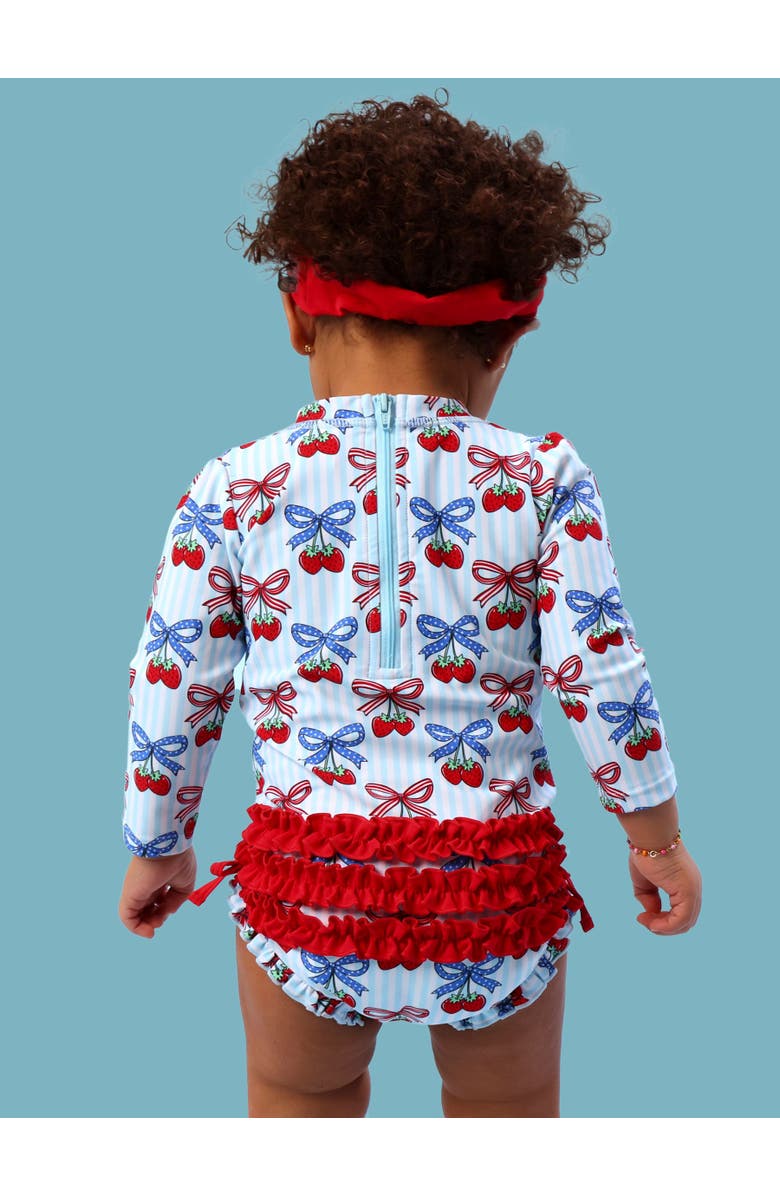RuffleButts Baby Girls UPF50+ Sun Protected Americana Long Sleeve One Piece Rash Guard, Alternate, color, Berries & Bows