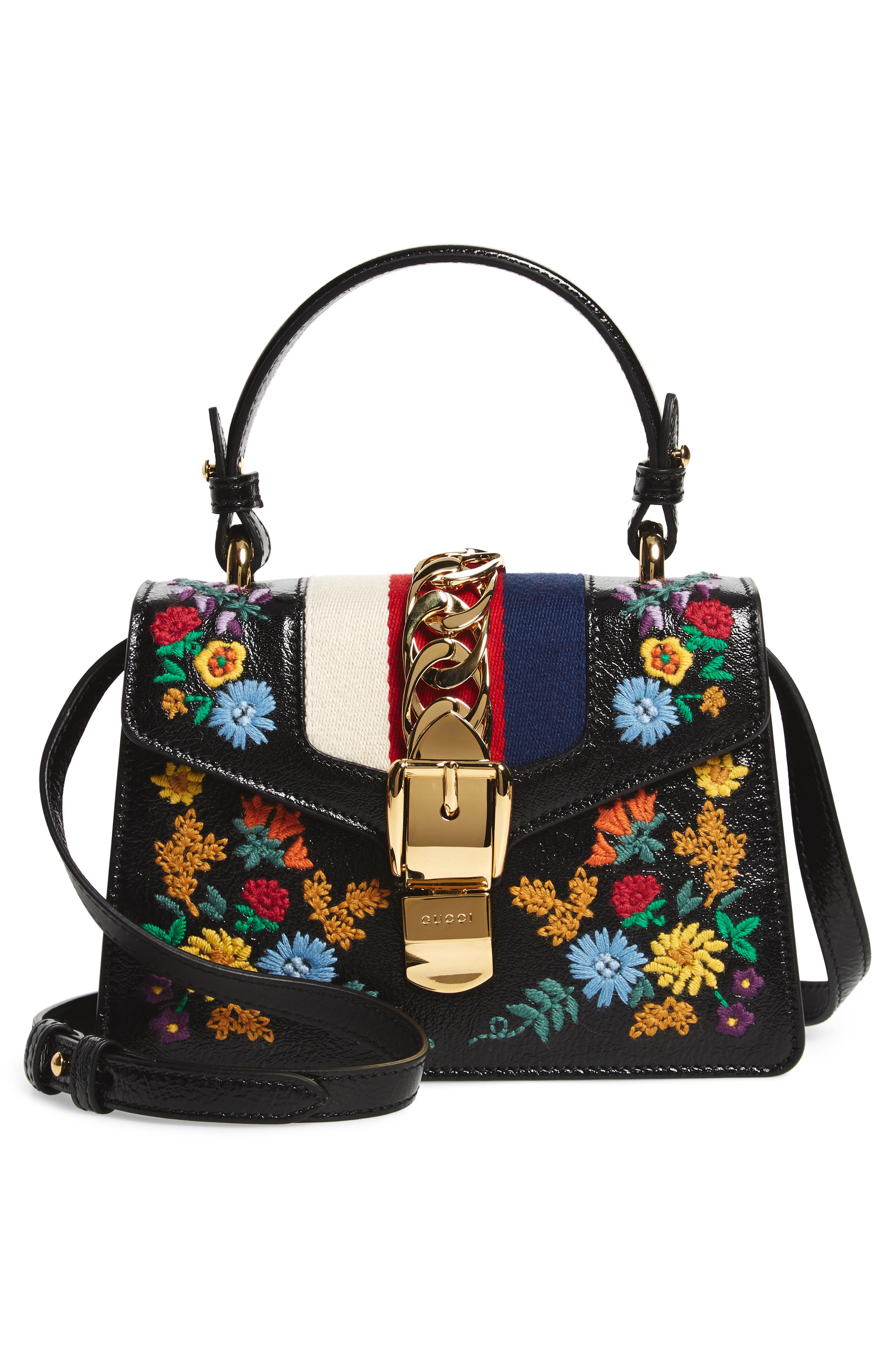 Gucci Mini Sylvie Flower Embroidery Leather Shoulder Bag, Alternate, color, 