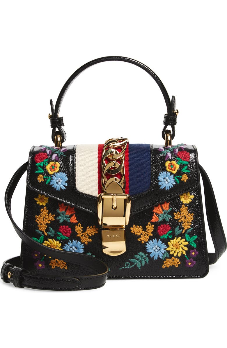 Gucci Mini Sylvie Flower Embroidery Leather Shoulder Bag, Alternate, color,