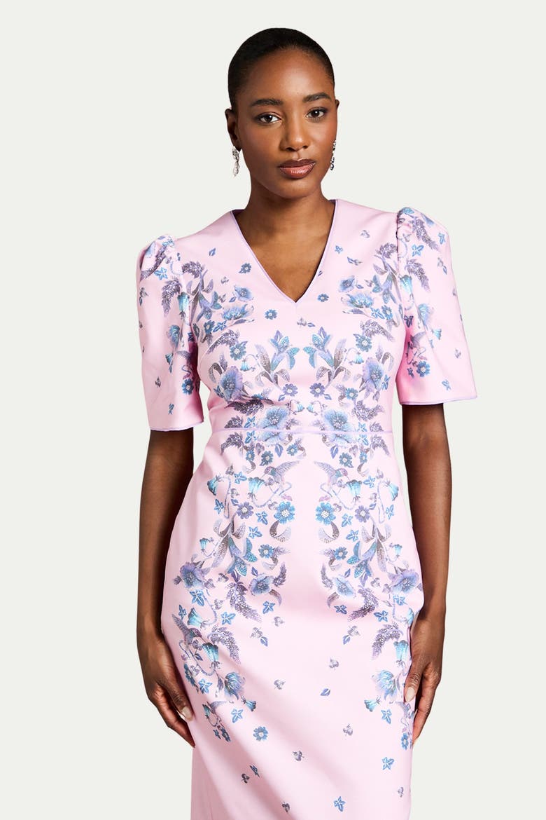 Puff Sleeve Floral Cotton Pencil Dress, Alternate, color, Lilac