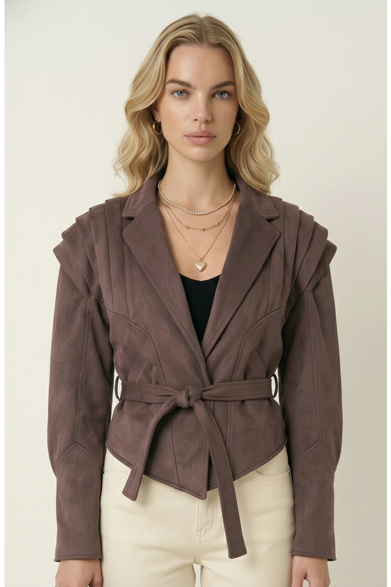 Structured Belted Pleated Shoulder Jacket, Main, color, Brown