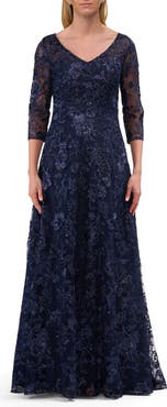 La Femme Lace Mother of the Bride Gown with V Neckline