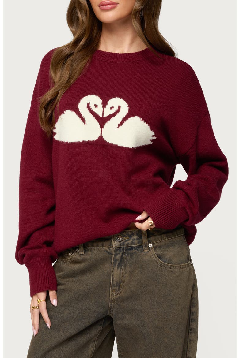 Swan Intarsia Oversize Sweater, Main, color, BURGUNDY