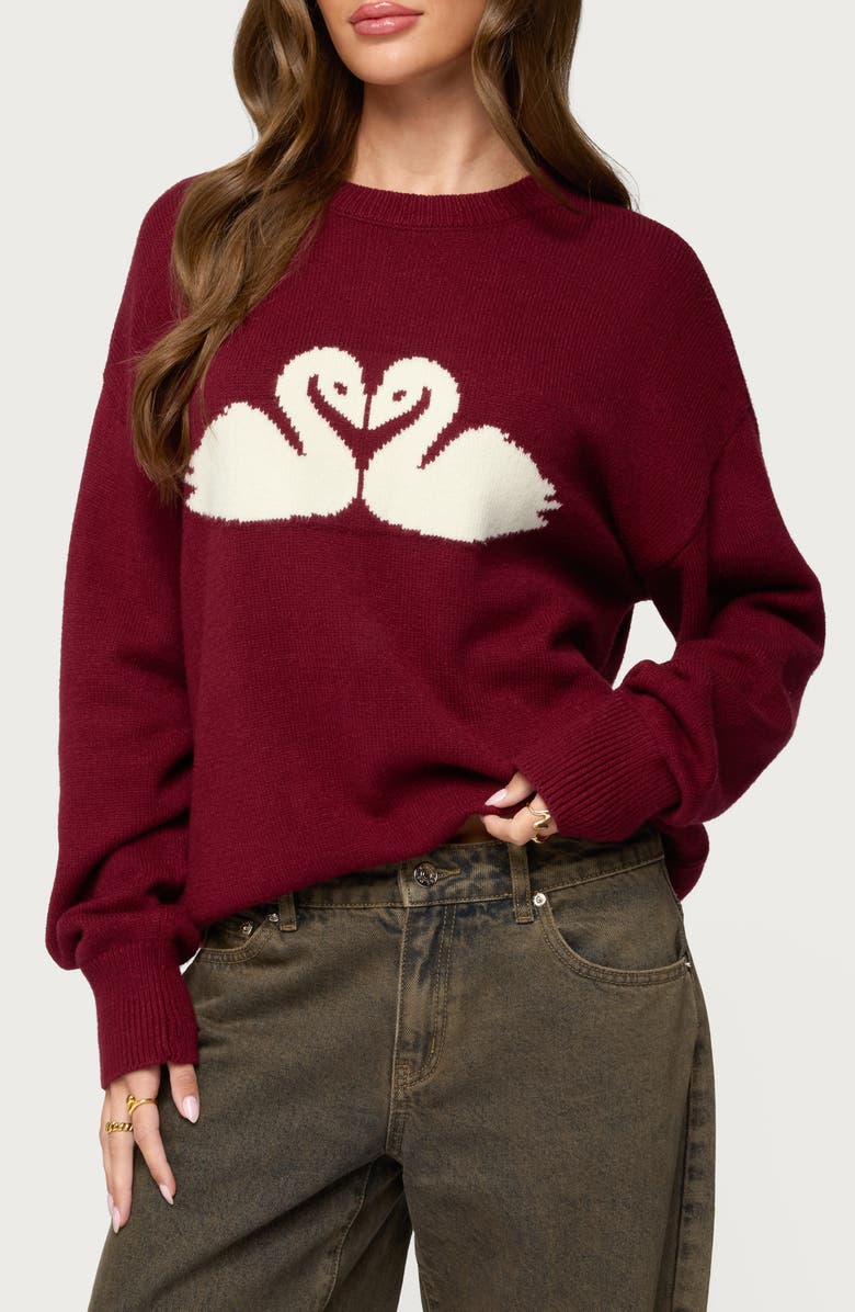 EDIKTED Swan Intarsia Oversize Sweater, Main, color, Burgundy