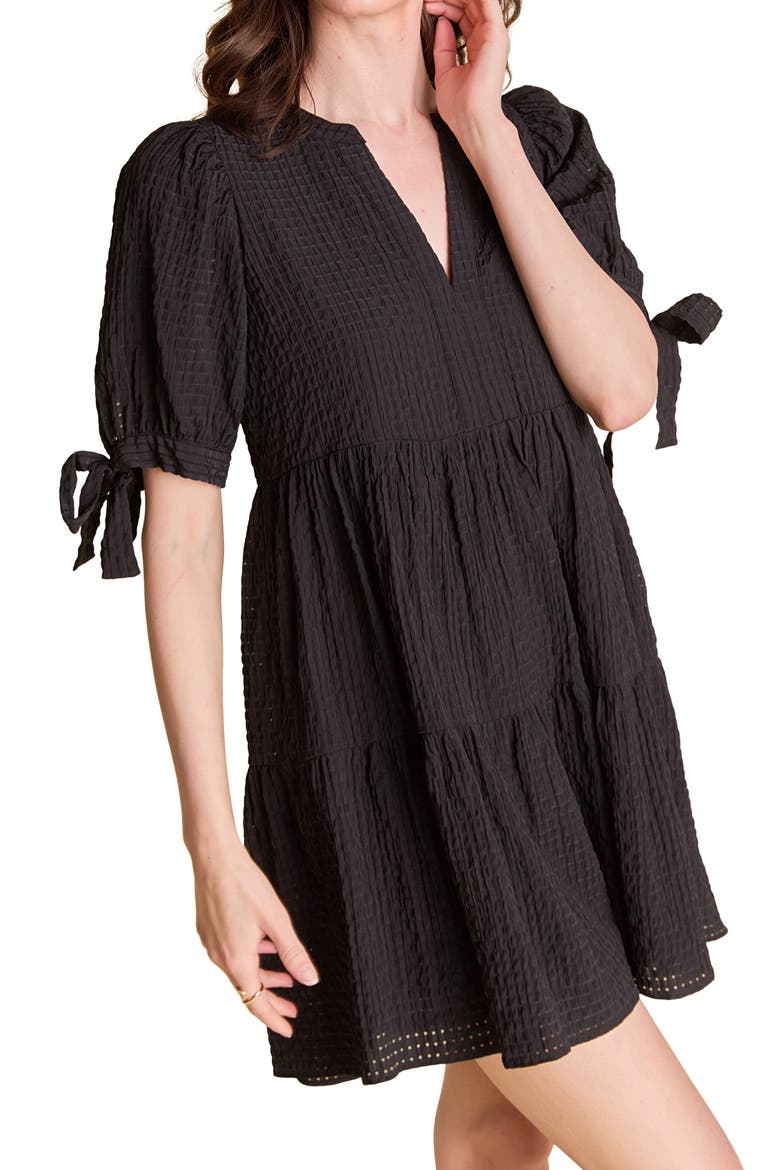 Texture Puff Sleeve Dress, Alternate, color, BLACK