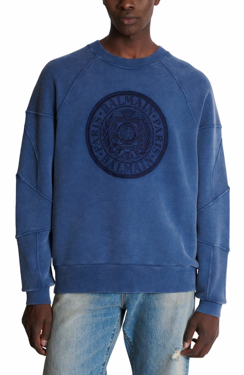Balmain Ribbed Sweatshirt With "Coin" Embroidery, Alternate, color, Navy