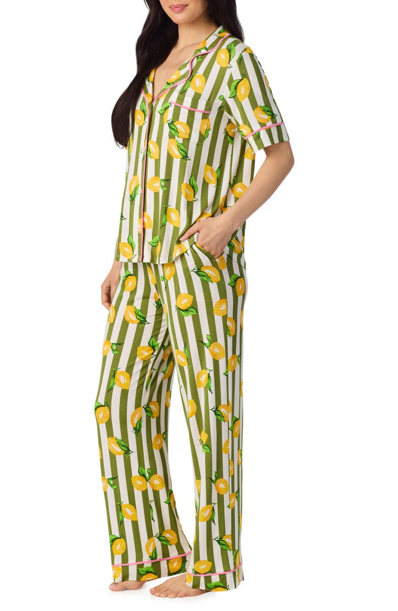 Room Service Pjs Print Long Pajamas, Alternate, color, Green Stripe