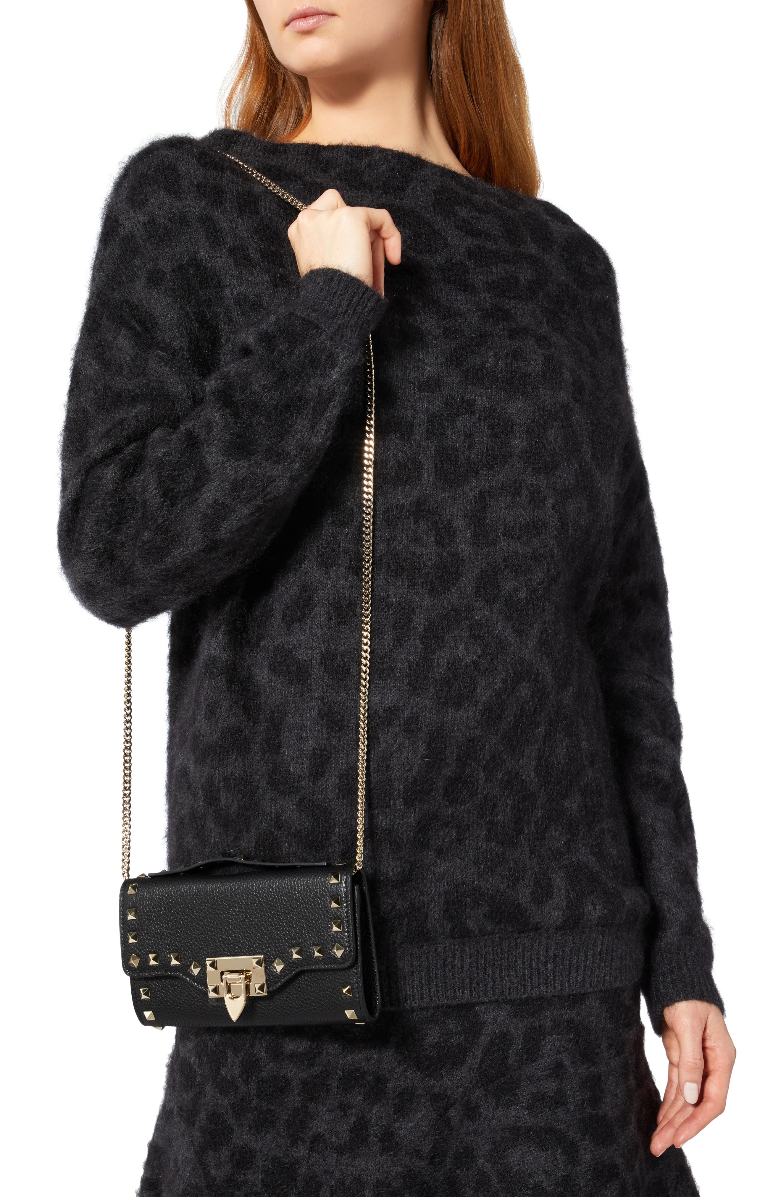 Valentino Garavani Mini Rockstud Leather Crossbody Wallet, Alternate, color, 