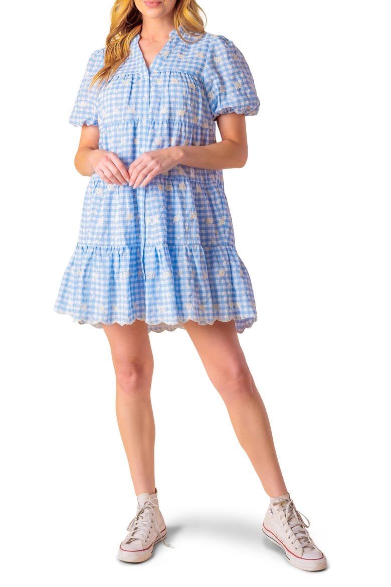 Floral Embroidered Gingham Puff Sleeve Babydoll Dress, Main, color, POWDER BLUE