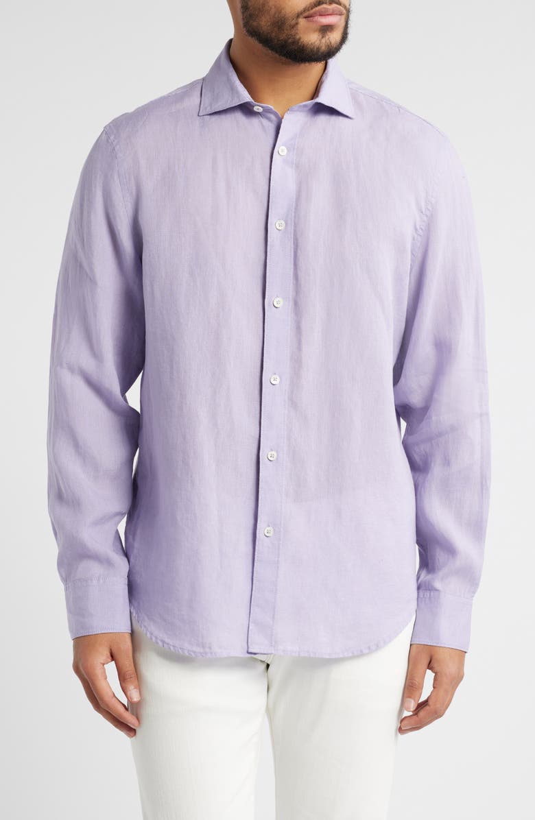 Bugatchi Axel Shaped Fit Linen Button-Up Shirt, Main, color, Lilac