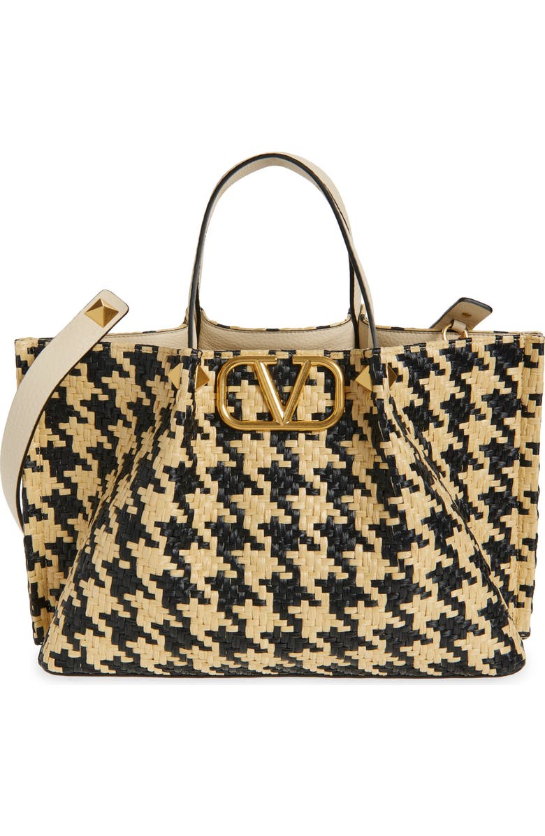 Valentino Garavani Medium VLOGO Signature Houndstooth Raffia Tote, Main, color, Naturale Nero/ Butter White