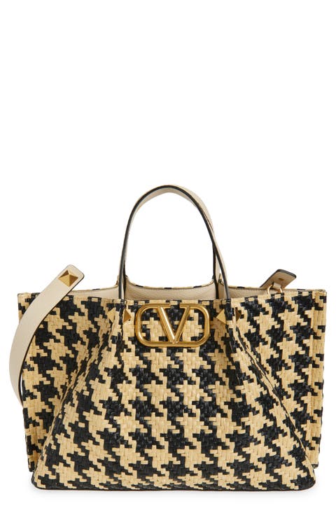 Medium VLOGO Signature Houndstooth Raffia Tote