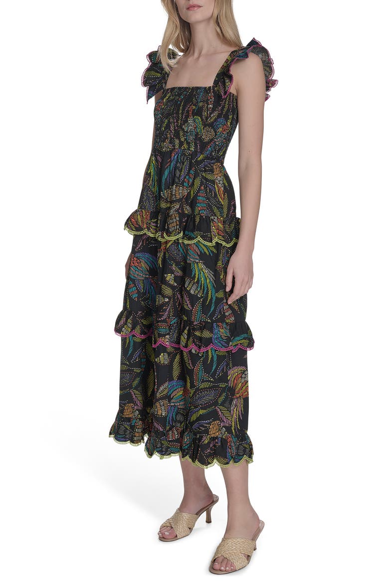 Floral Ruffle Sleeve Cotton Midi SSundress, Main, color, BLACK MULTI