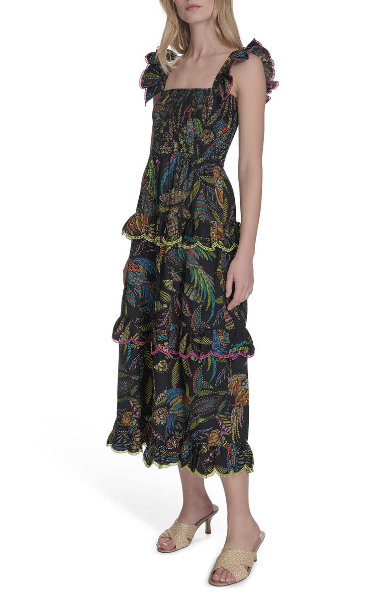 Vince Camuto Floral Ruffle Sleeve Cotton Midi SSundress, Main, color, Black Multi