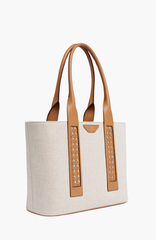 Aviteur Intreccio Weave Canvas Leather Handle Tote In Brown