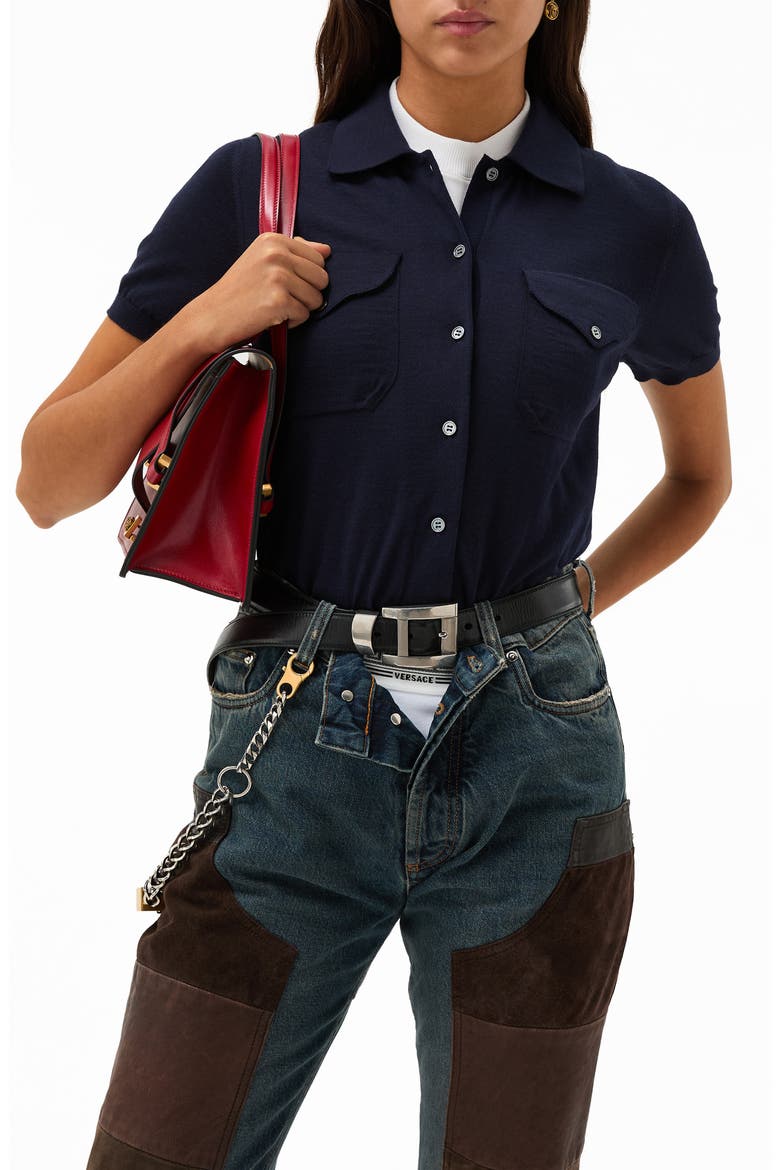 Gender Inclusive Embroidered Short Sleeve Virgin Wool Shirt Cardigan, Main, color, NAVY