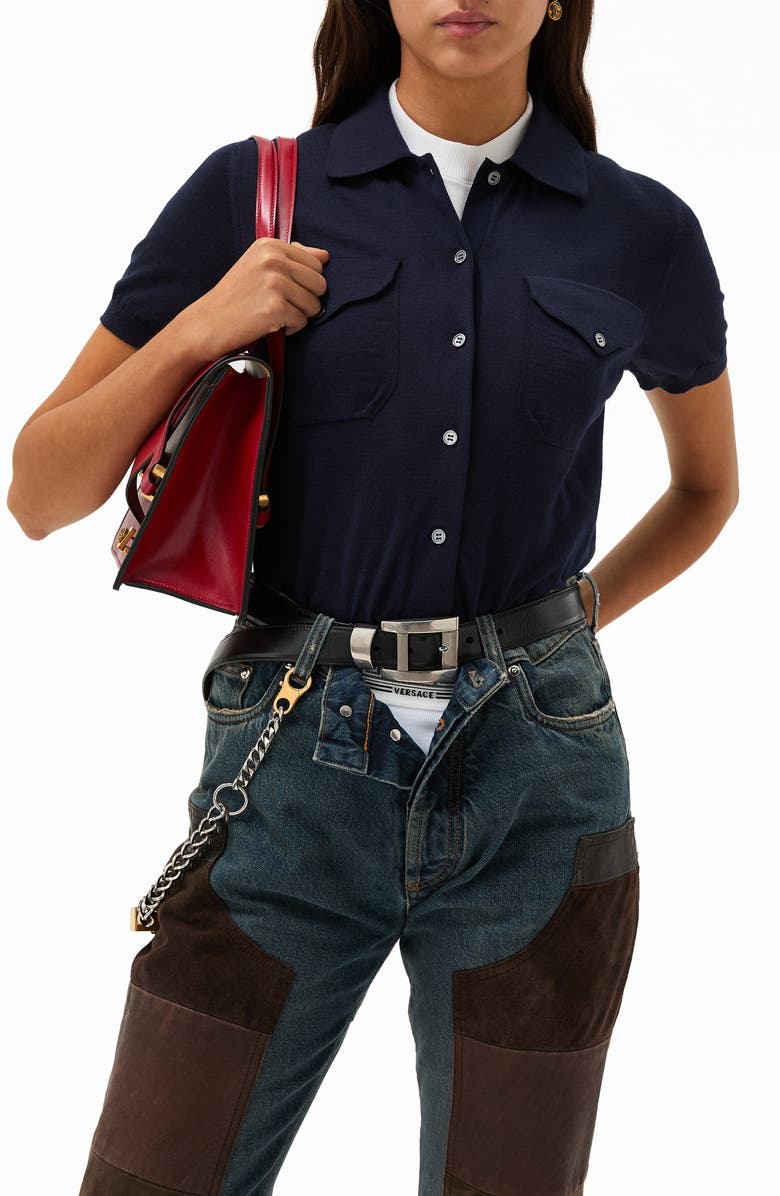 Versace Gender Inclusive Embroidered Short Sleeve Virgin Wool Shirt Cardigan, Main, color, Navy