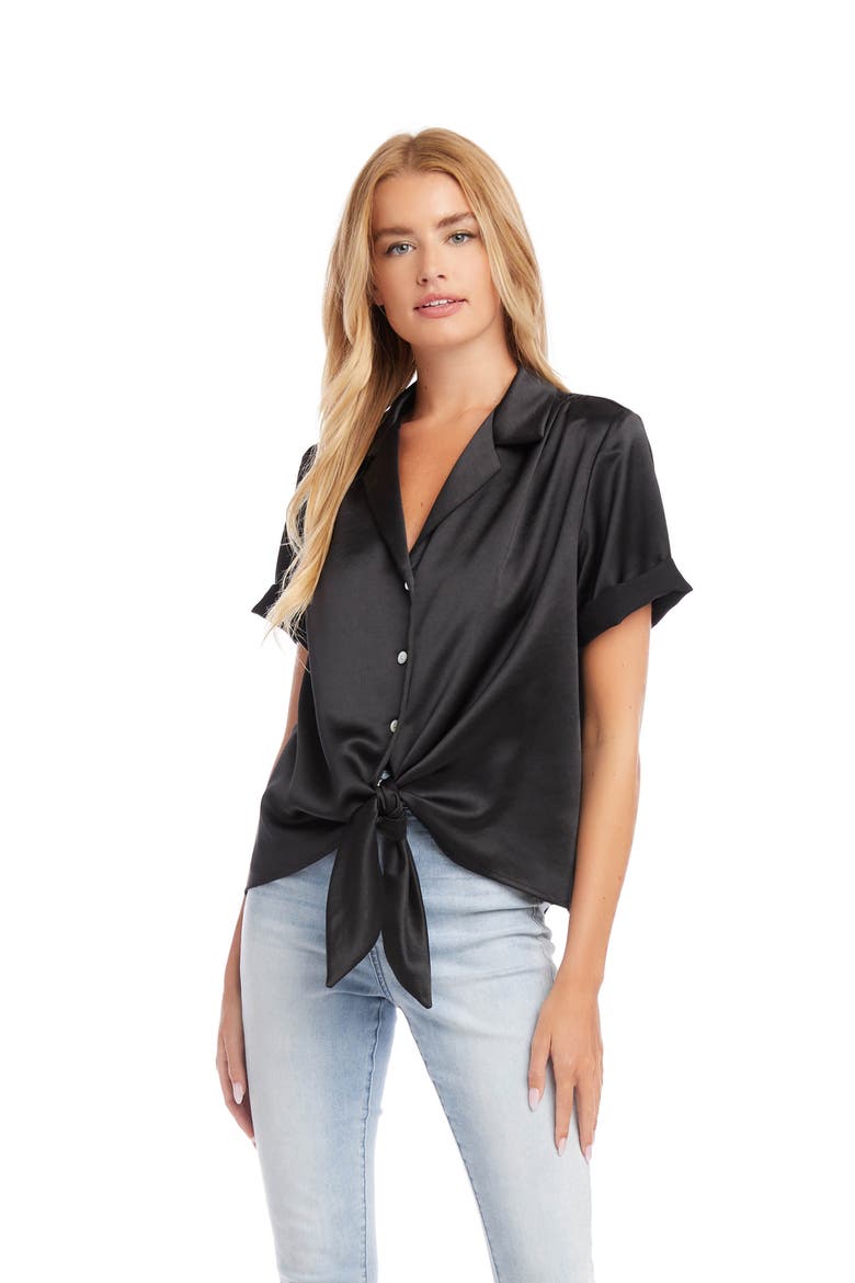 Roll Sleeve Tie Front Satin Top, Alternate, color, BLACK