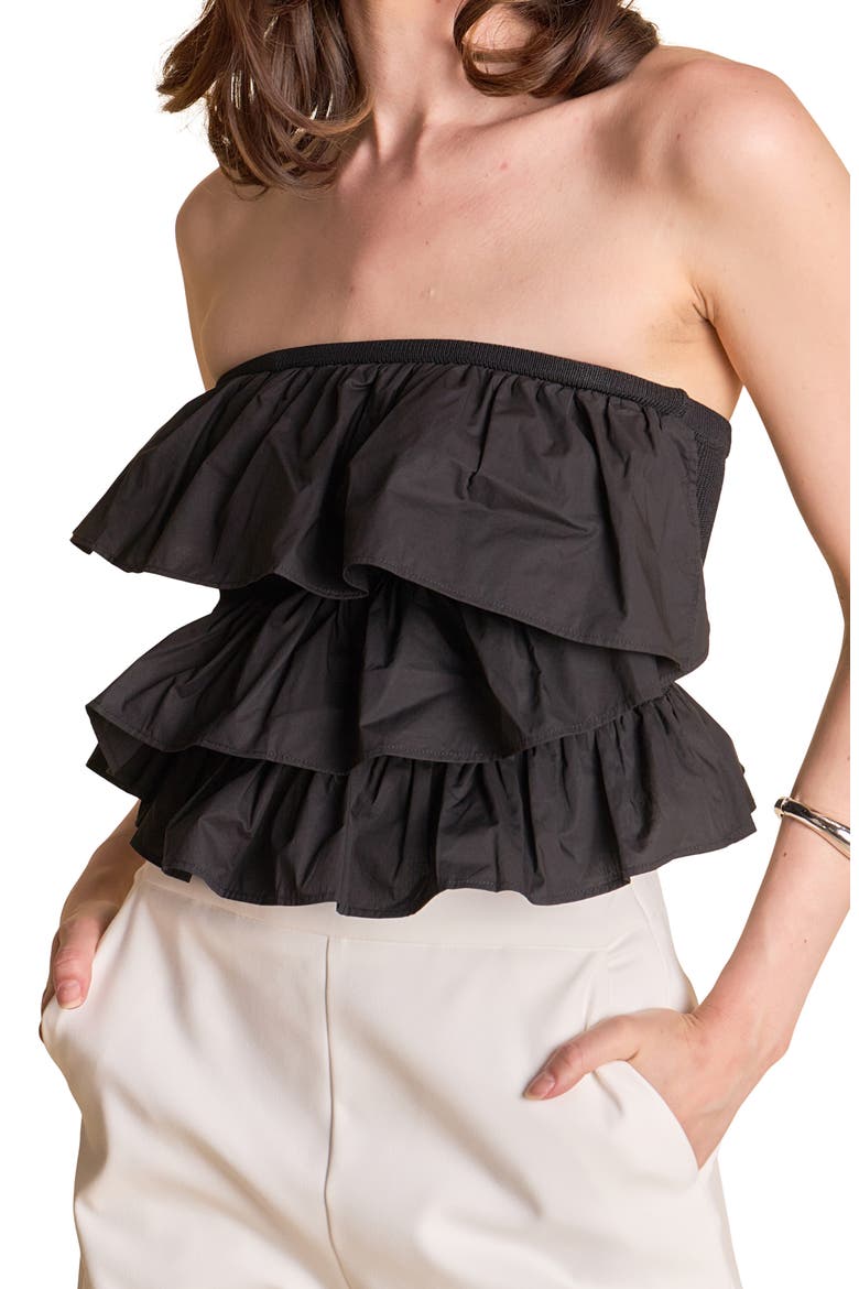 Mixed Media Ruffle Strapless Rib Tube Top, Alternate, color, BLACK