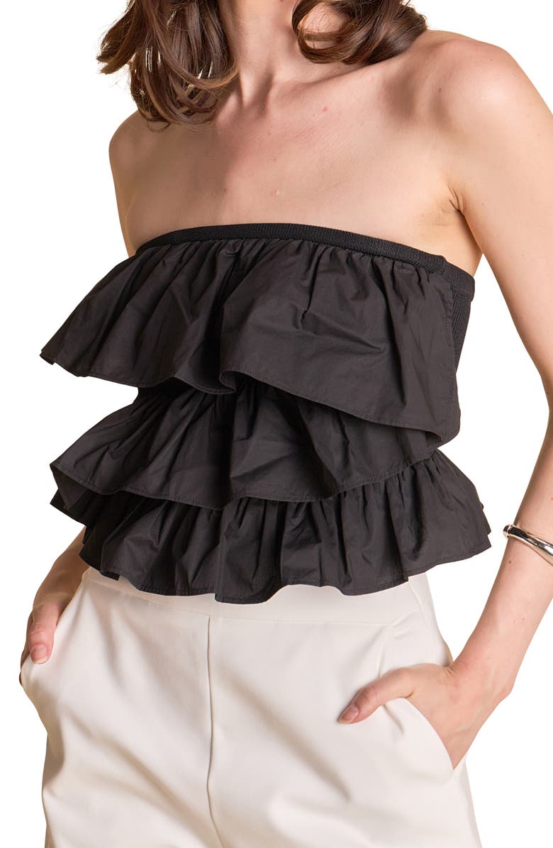 Endless Rose Mixed Media Ruffle Strapless Rib Tube Top, Alternate, color, Black