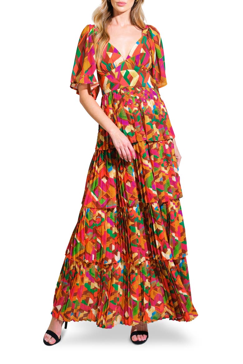 Print Pleated Tiered Maxi Dress, Main, color, ORANGE GREEN