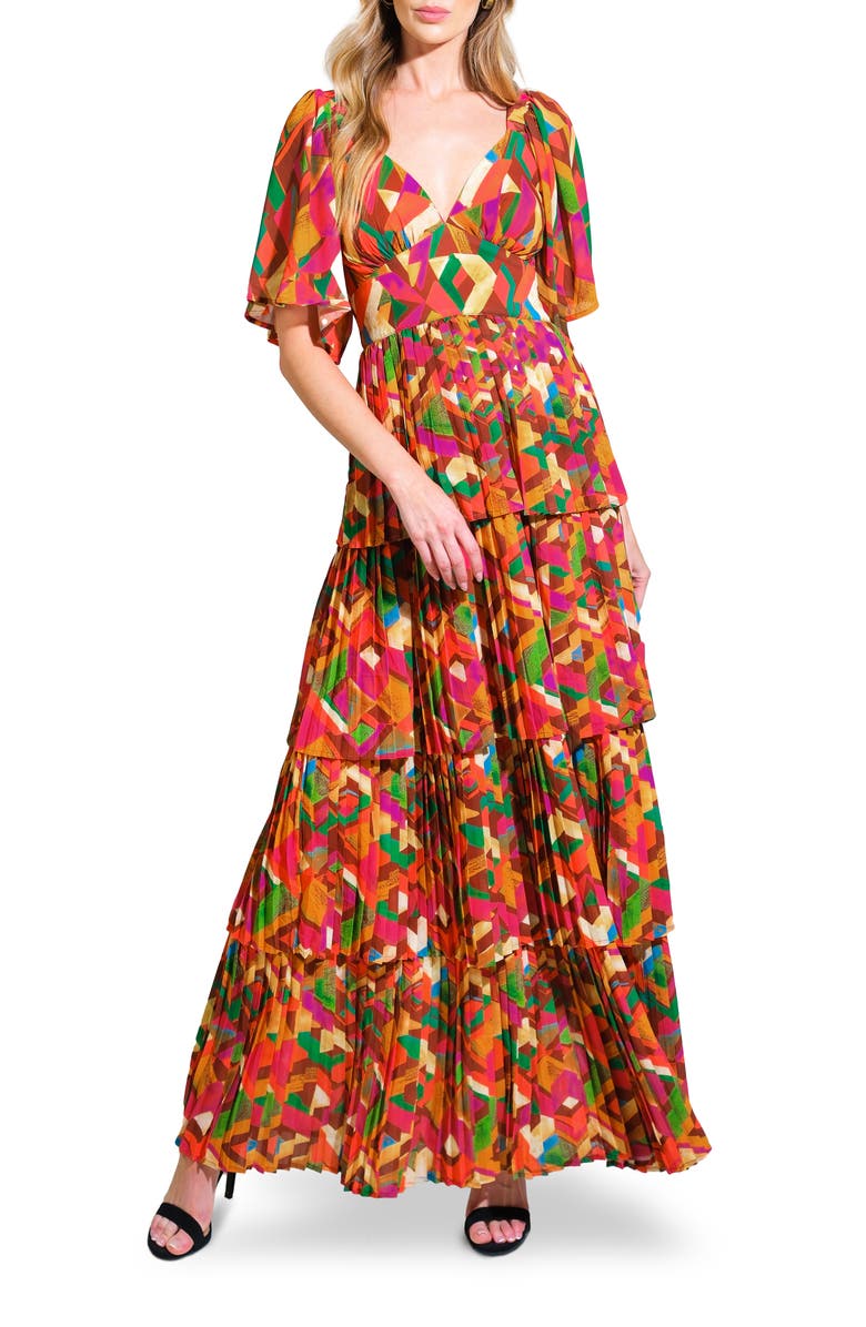 FLYING TOMATO Print Pleated Tiered Maxi Dress, Main, color, Orange Green