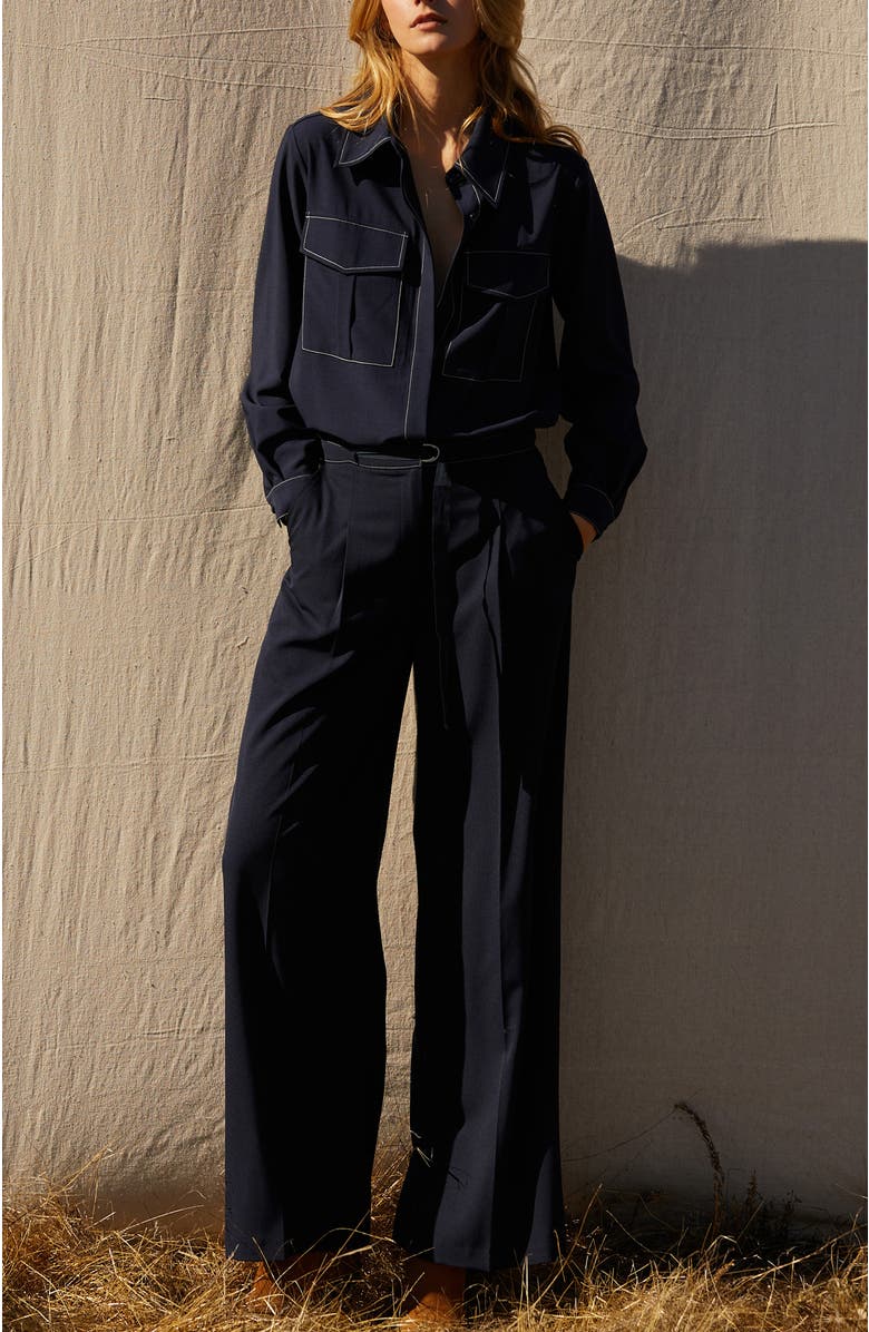 CRESCENT Contrast Stitch Belted Trousers, Alternate, color, Midnight Blue