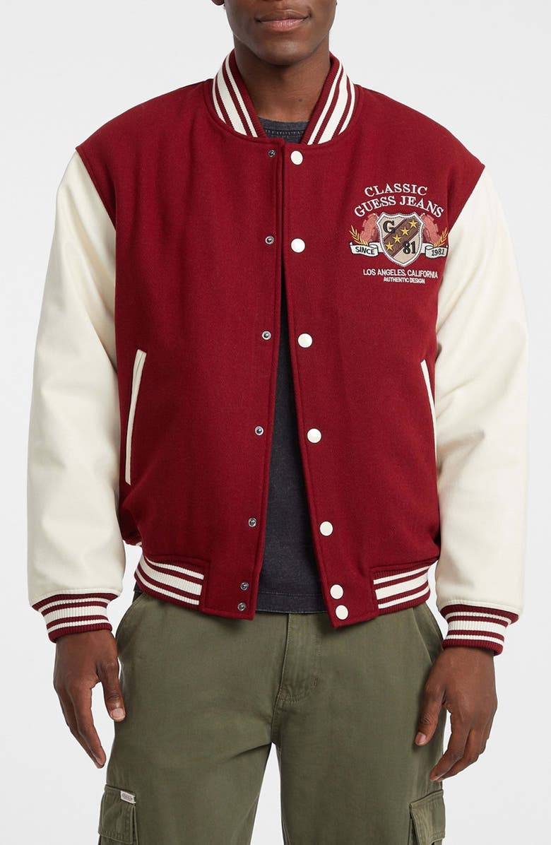 GUESS JEANS Letterman Varsity Bomber Jacket, Main, color, Red
