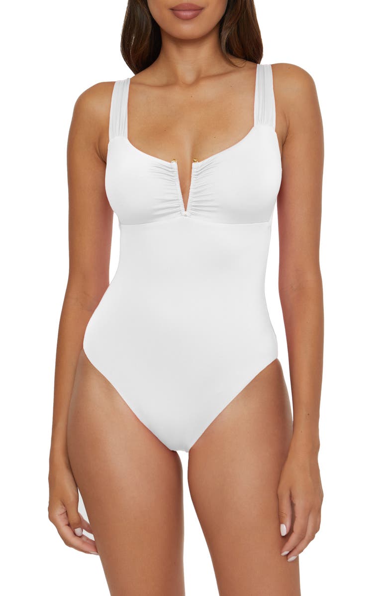 Becca Shirred V-Wire One-Piece Swimsuit, Main, color, White