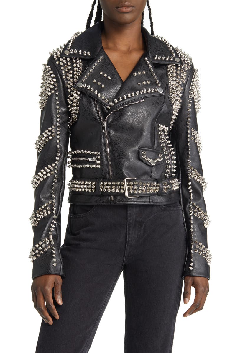 AZALEA WANG Spike Belted Faux Leather Moto Jacket, Alternate, color, Black