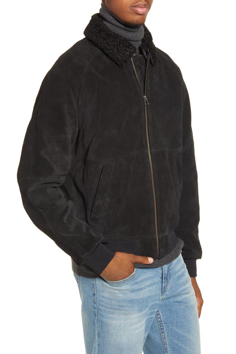 x Alex Costa Fleece Collar Suede Bomber Jacket, Alternate, color, BLACK ROCK