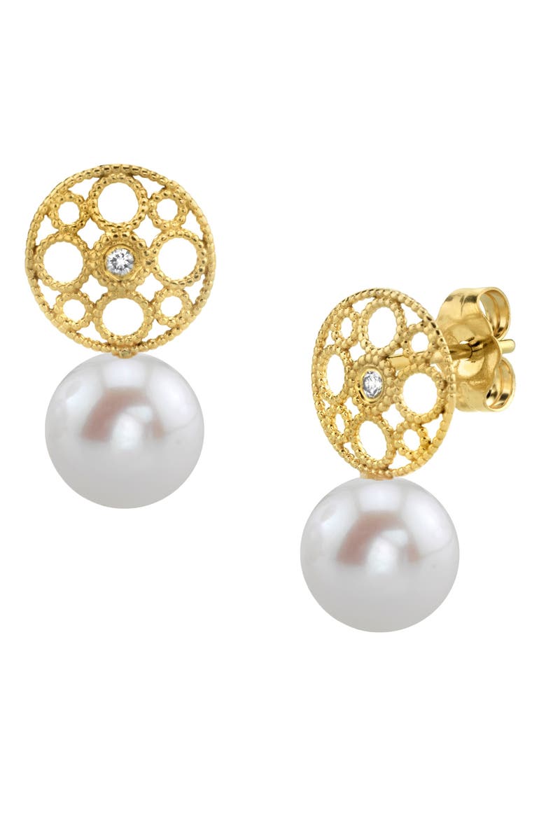 Freshwater Pearl & Diamond Faye Earrings, Main, color, Yellow Gold