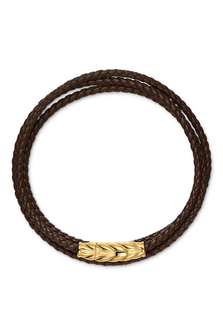 Men's Chevron Triple Wrap Bracelet in Leather with 18K Yellow Gold, 3mm, Alternate, color, BROWN