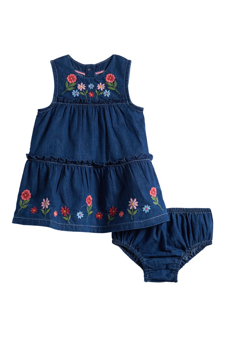 Tiered Ruffle Trim Denim Dress & Bloomers Set, Main, color, CHAMBRAY EMBROIDERY