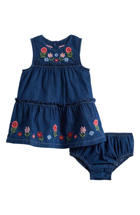 Tiered Ruffle Trim Denim Dress & Bloomers Set (Baby)