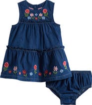 Mini Boden Tiered Ruffle Trim Denim Dress & Bloomers Set