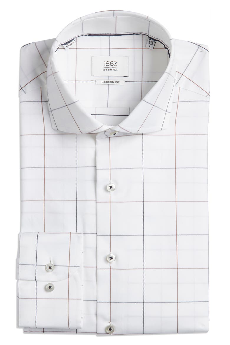 Modern Fit Windowpane Check Non-Iron Cotton Twill Dress Shirt, Alternate, color, BROWN