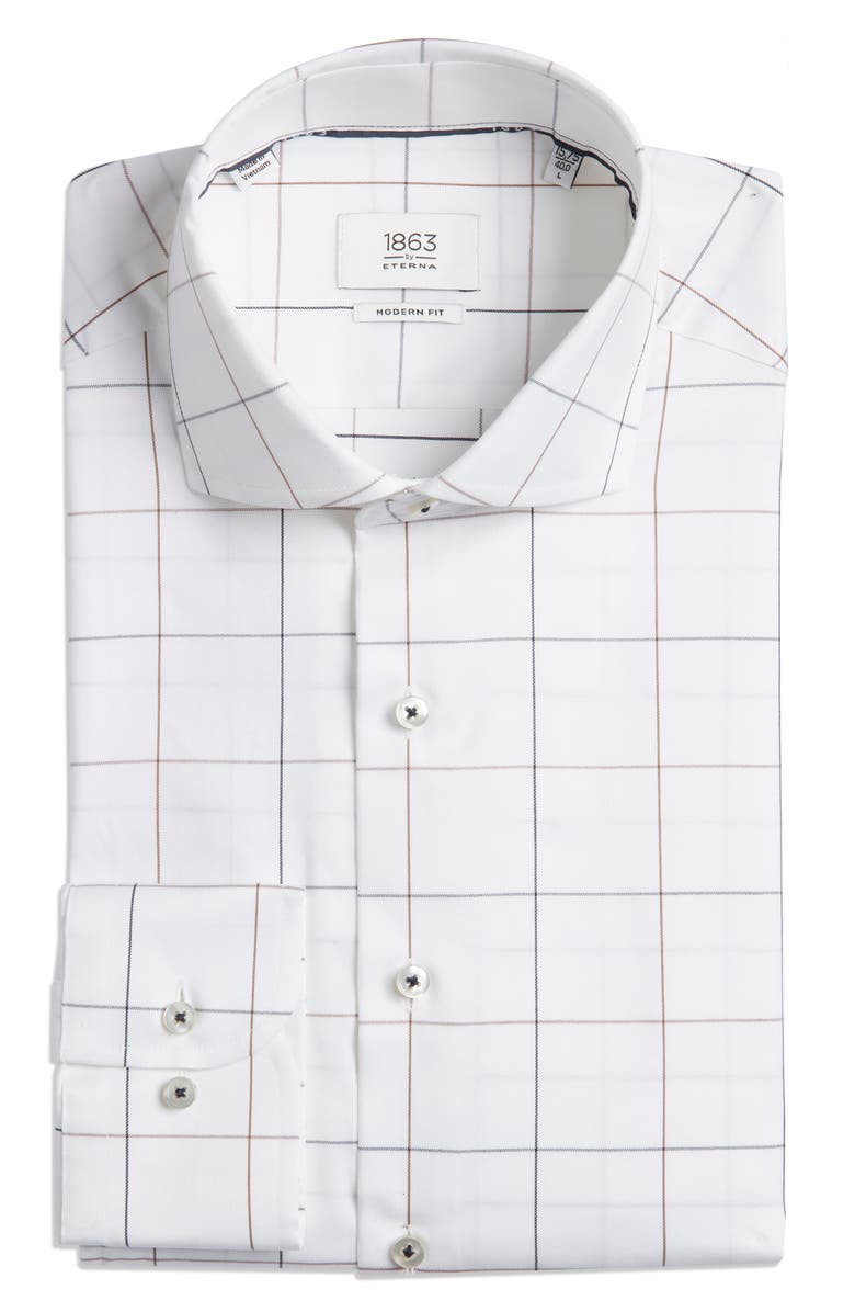 1863 by Eterna Modern Fit Windowpane Check Non-Iron Cotton Twill Dress Shirt, Main, color, Brown